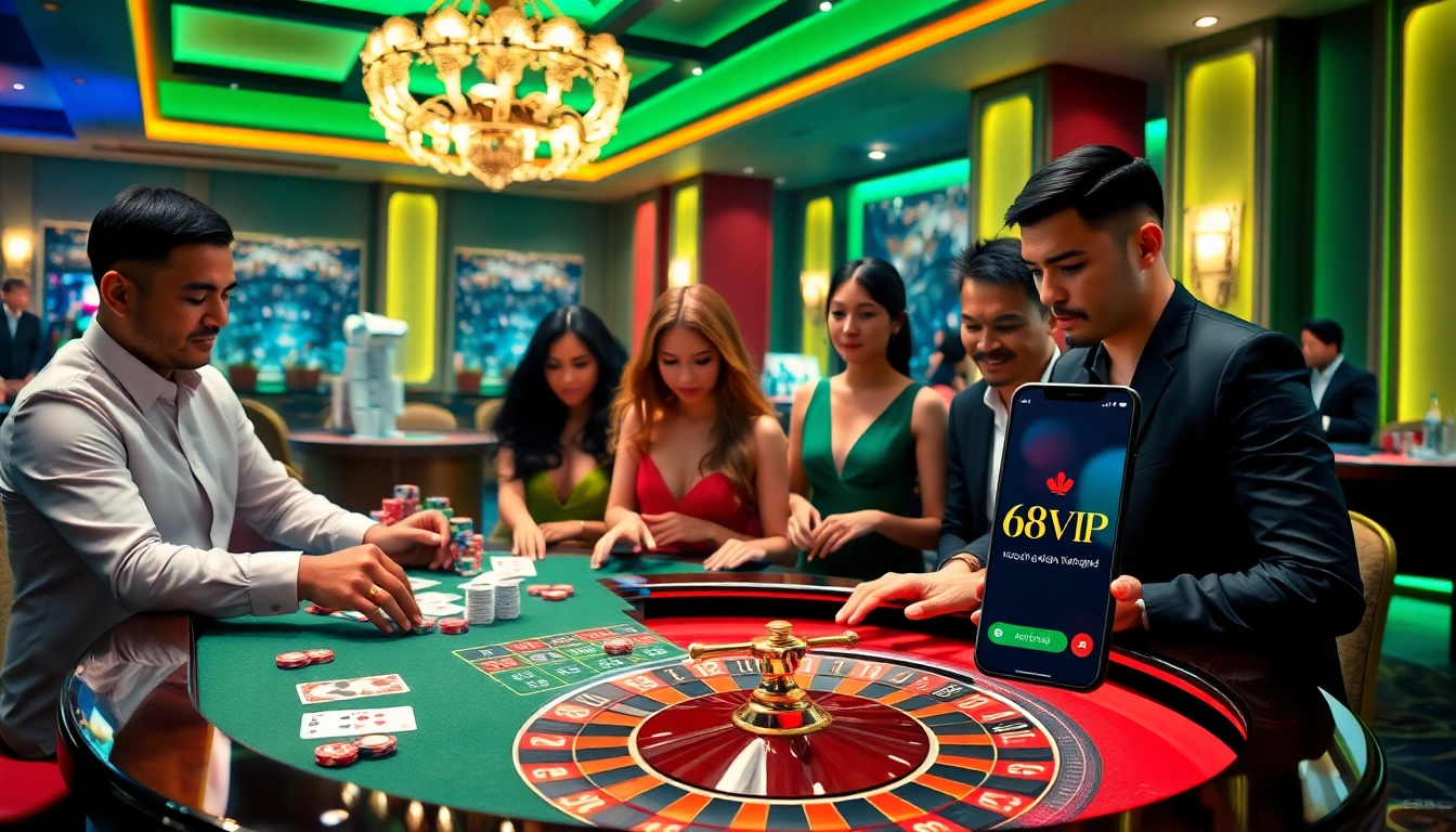 Players enjoying games at 68VIP casino with vibrant tables, chips, and engaging digital interfaces.
