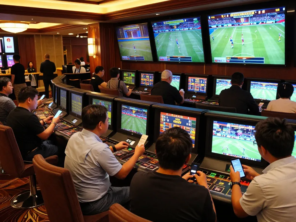 Users engaging in live sports betting with bk8 at a lively casino, multiple screens displaying odds.