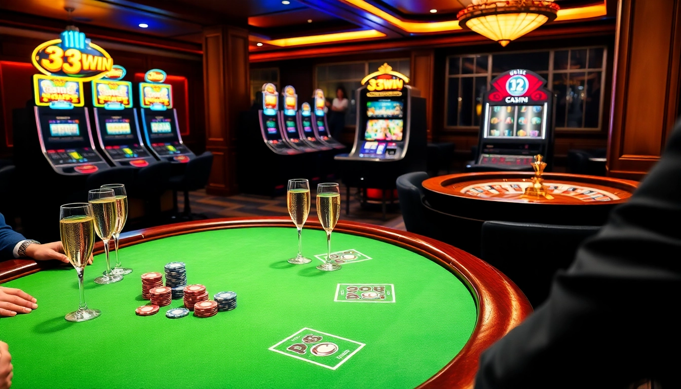 Engaged players competing at a luxurious poker table in 33WIN's online casino.