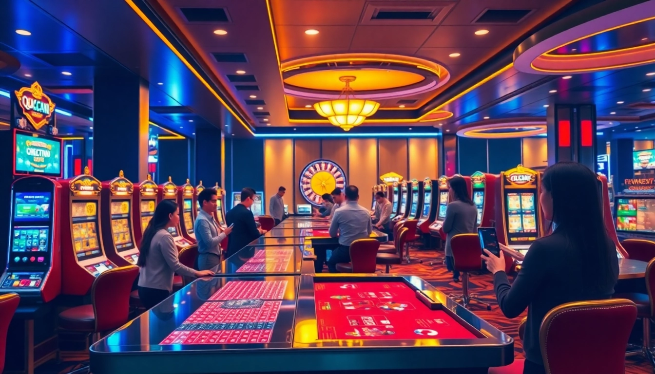 Experience the thrill of QQMacan gaming with vibrant slot machines and excited players.
