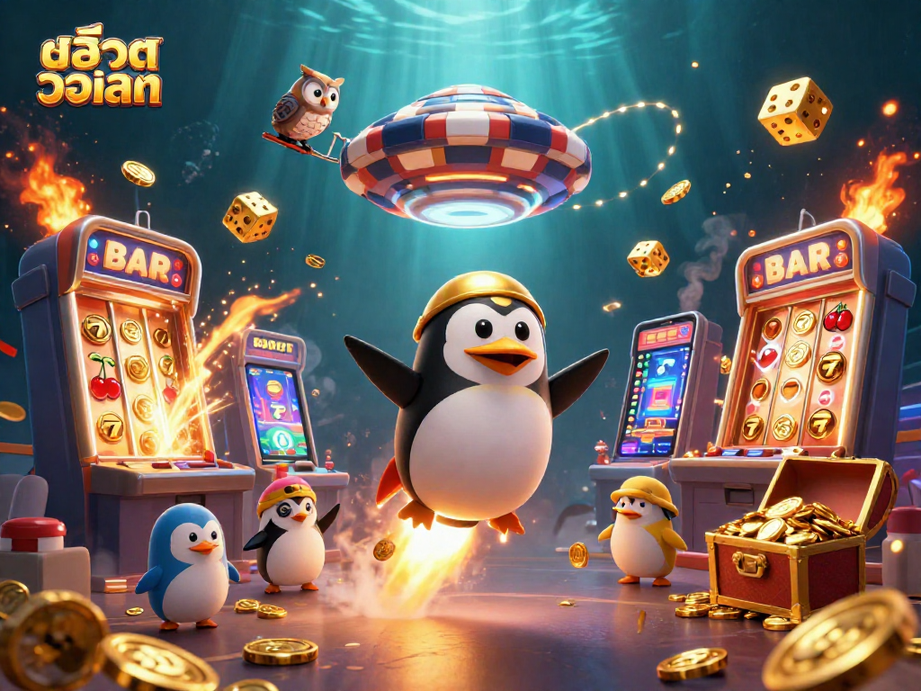 Experience สล็อตวอเลท with a dynamic cosmic casino scene featuring a golden penguin and jackpot explosions.
