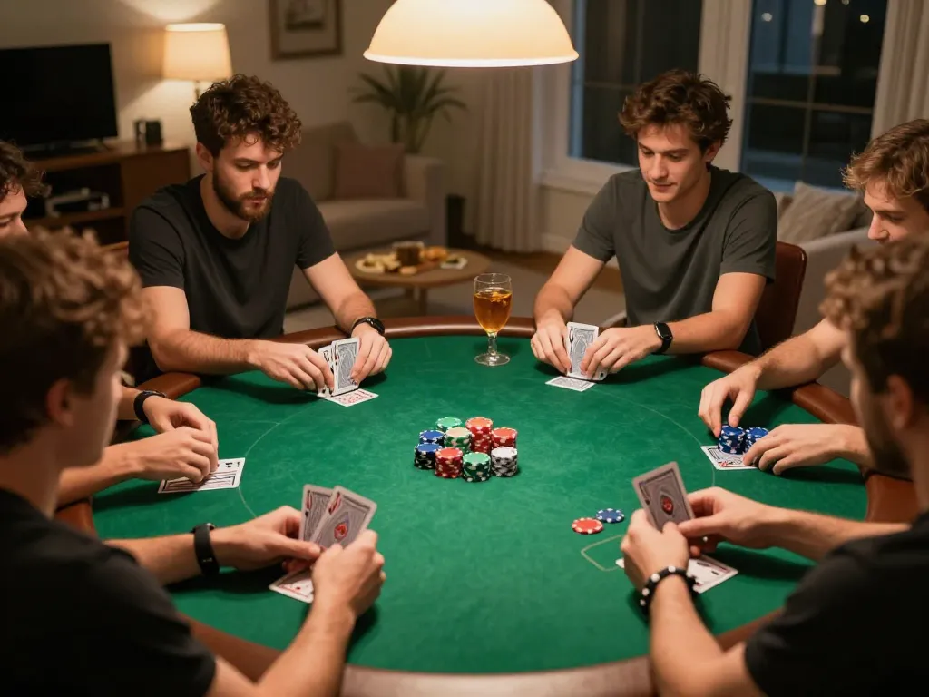 Players enjoy a thrilling poker night at home featuring NK88, with cards and chips on display.