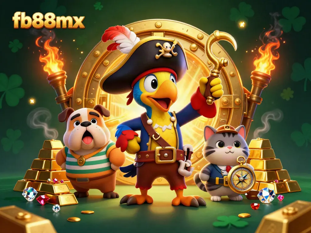Action-packed scene with fb88mx characters in a vibrant casino treasure setting, featuring a pirate captain, bulldog, and cat navigator.