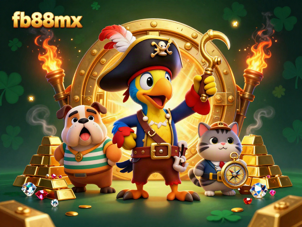 Action-packed scene with fb88mx characters in a vibrant casino treasure setting, featuring a pirate captain, bulldog, and cat navigator.
