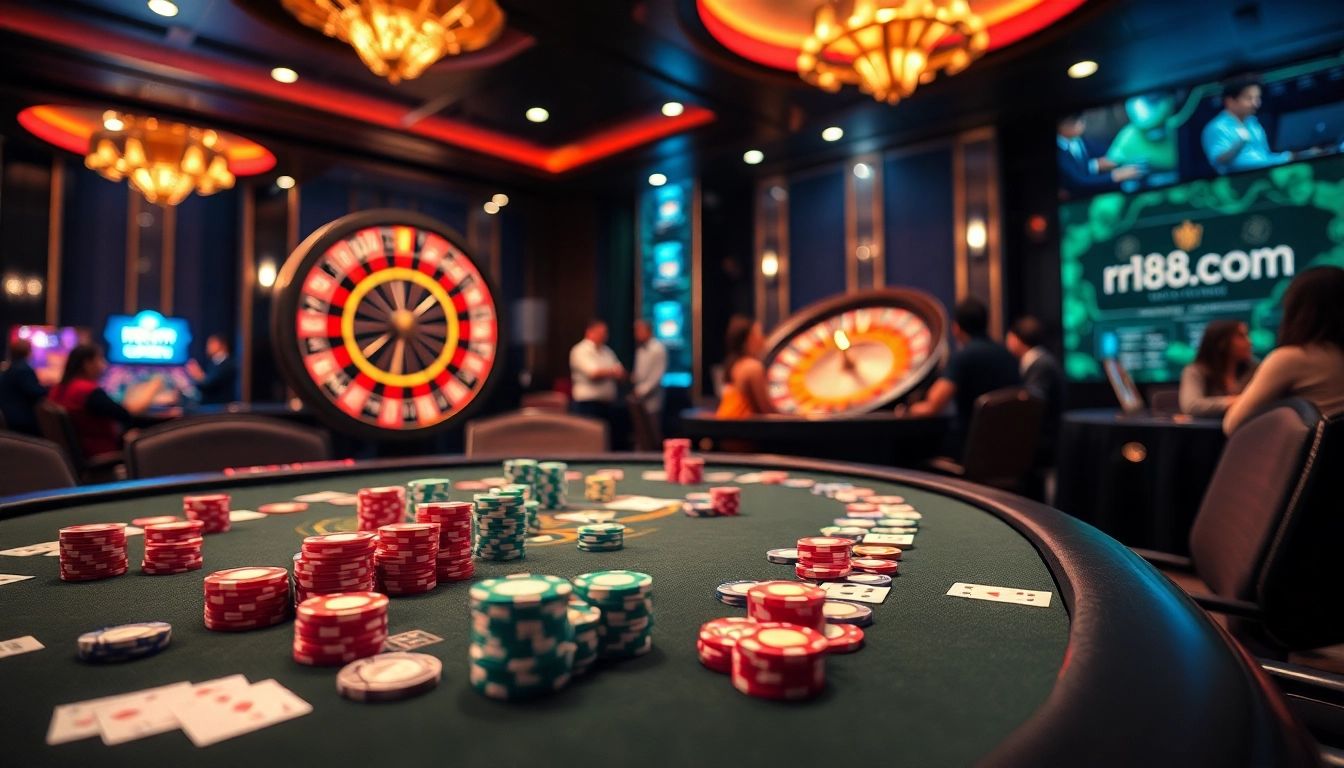 Experience thrilling poker action at rr88.com with vibrant chips and an immersive casino ambiance.