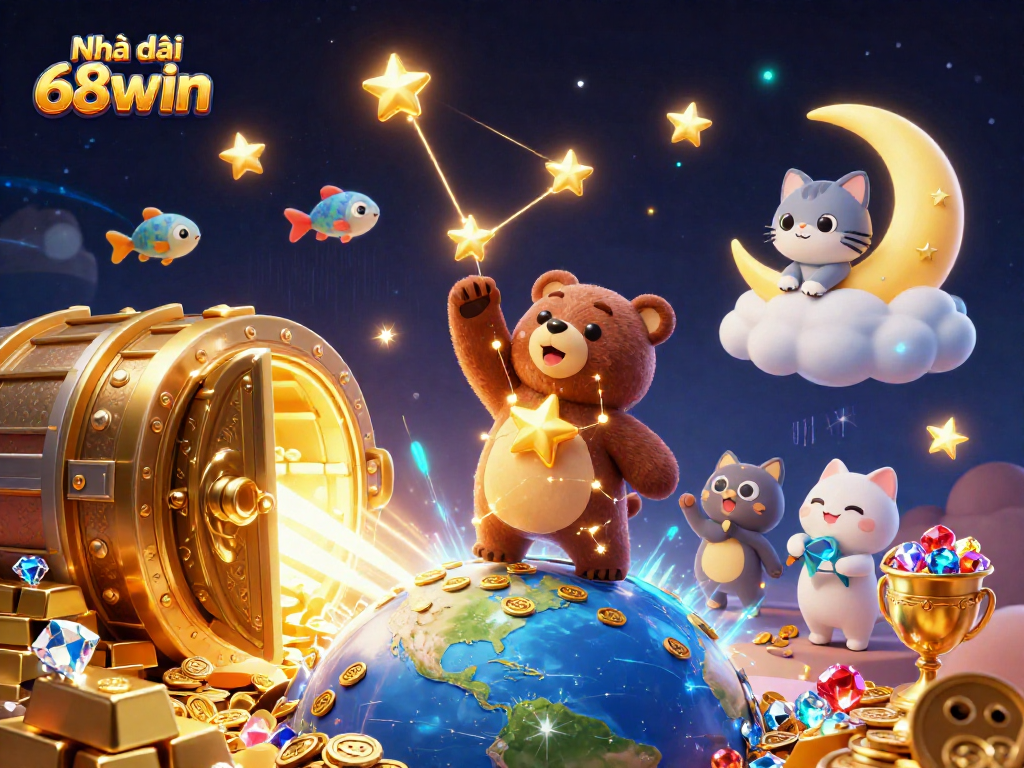 Interact with Nhà cái 68win in a vibrant 3D casino scene filled with treasures and animations.