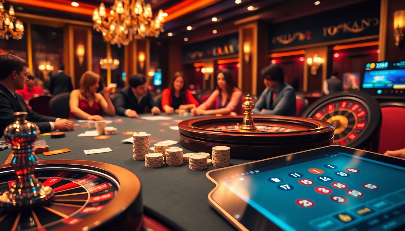 Players engage in high-stakes poker at XX88's luxurious casino table, showcasing excitement and strategy.