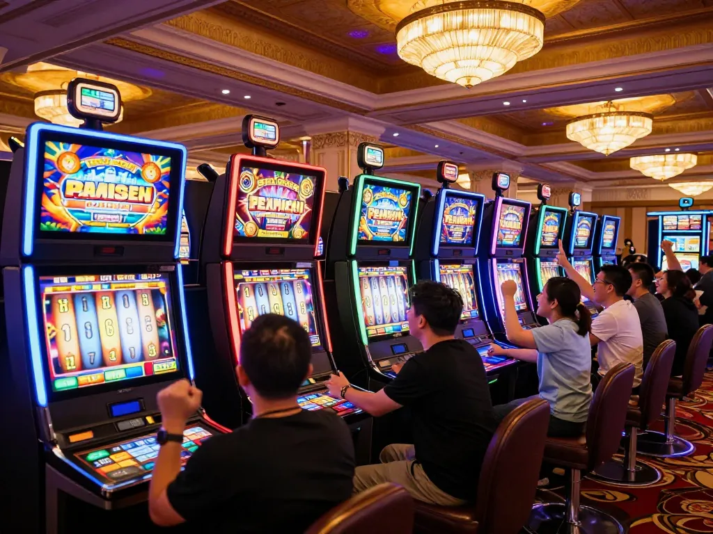 Players enjoying immersive link slot gaming experience at colorful casino machines