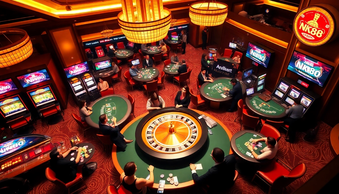 NK88 casino scene with vibrant tables, exciting players, and luxurious decor showcasing thrilling gambling action.