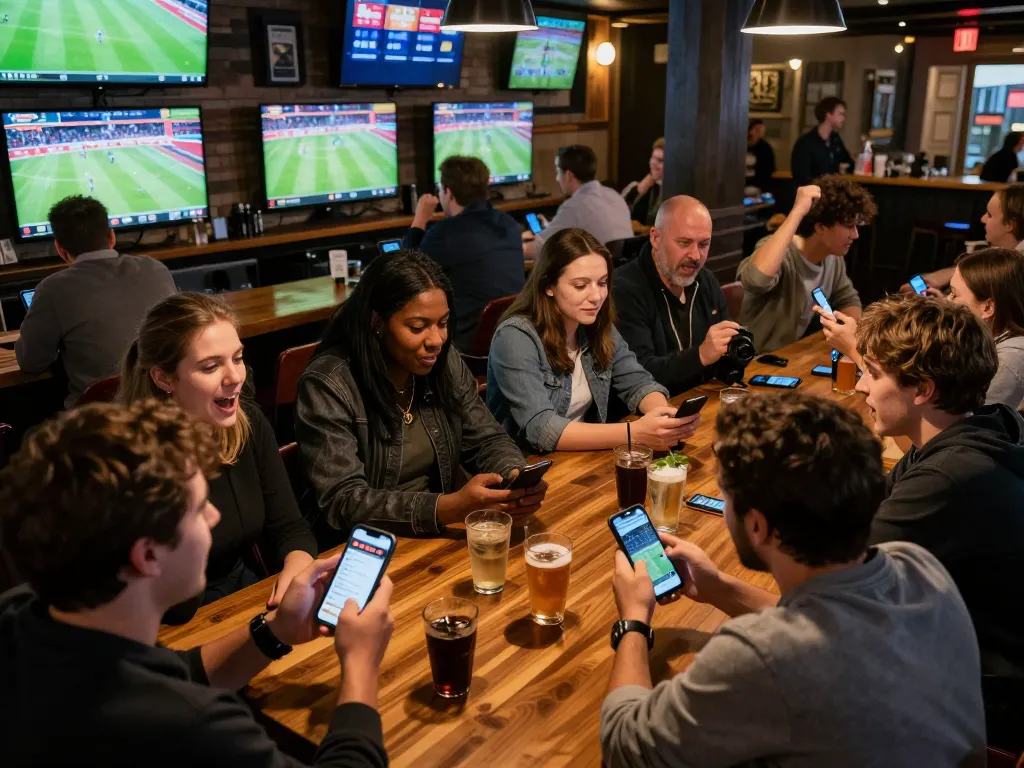 uu88 users engaging in live sports betting analysis at a vibrant sports bar with multiple screens
