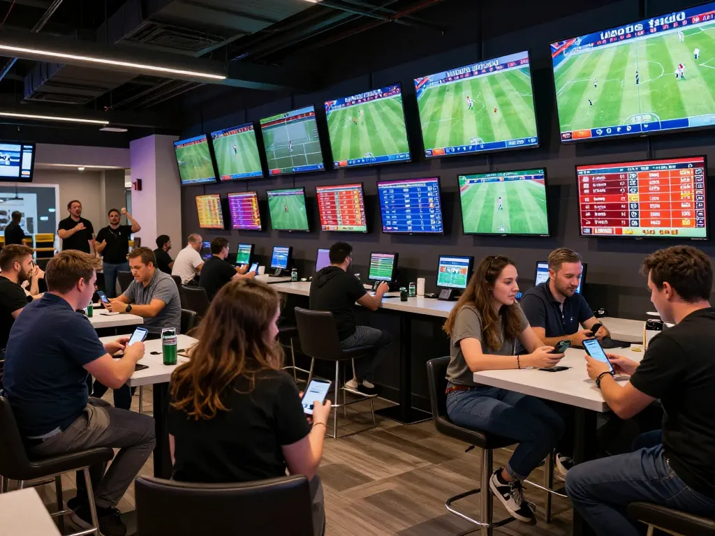 KQBD users intensely engaging in live football betting with mobile apps and screens.