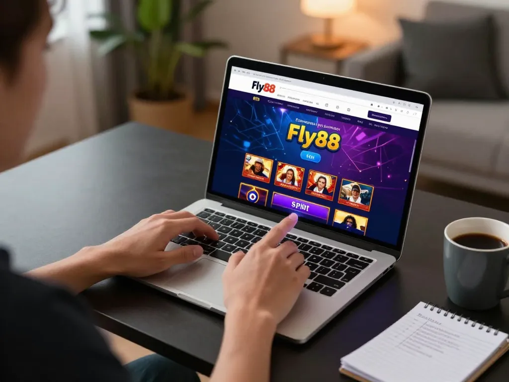 Playing at fly88 online casino with laptop, vibrant gaming interface visible