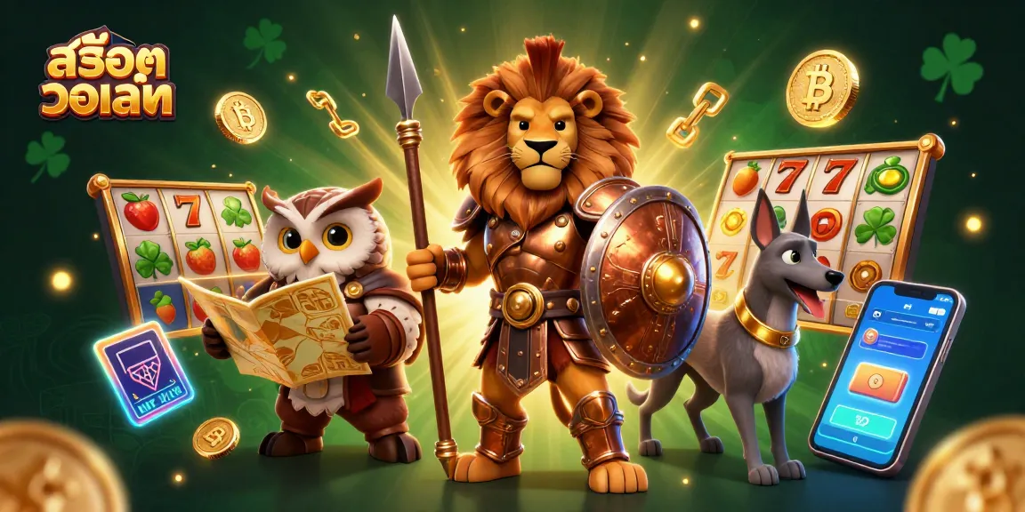 Engage in สล็อตวอเลท with 3D cartoon characters immersed in a vibrant casino scene.
