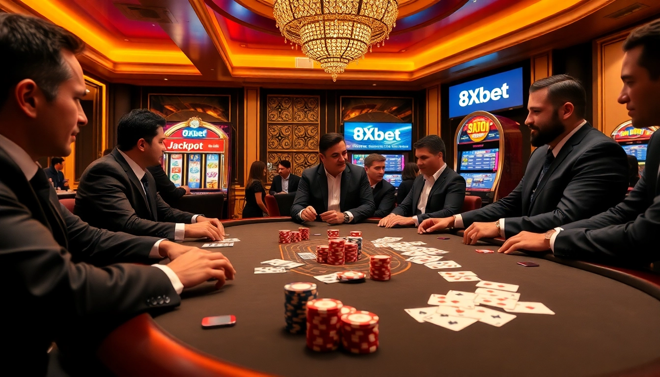 An engaging online gambling scene featuring players at a poker table, showcasing the electric atmosphere of 8Xbet Casino.