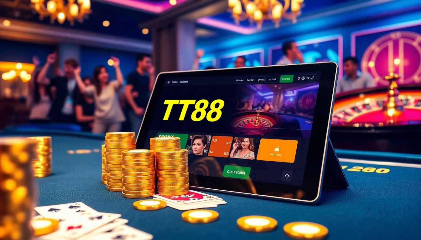 TT88 online casino interface with vibrant poker chips and lively players celebrating wins.