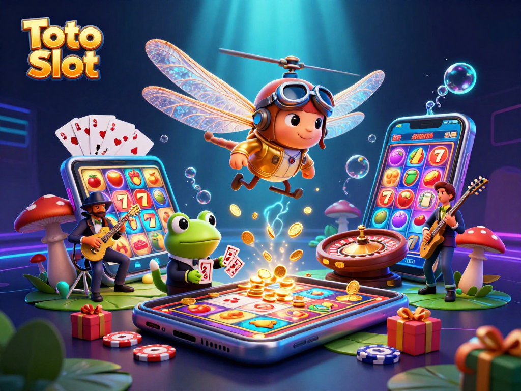 Engage with Toto Slot's vibrant 3D casino scene featuring a dragonfly pilot, frog croupier, and jazz musicians.