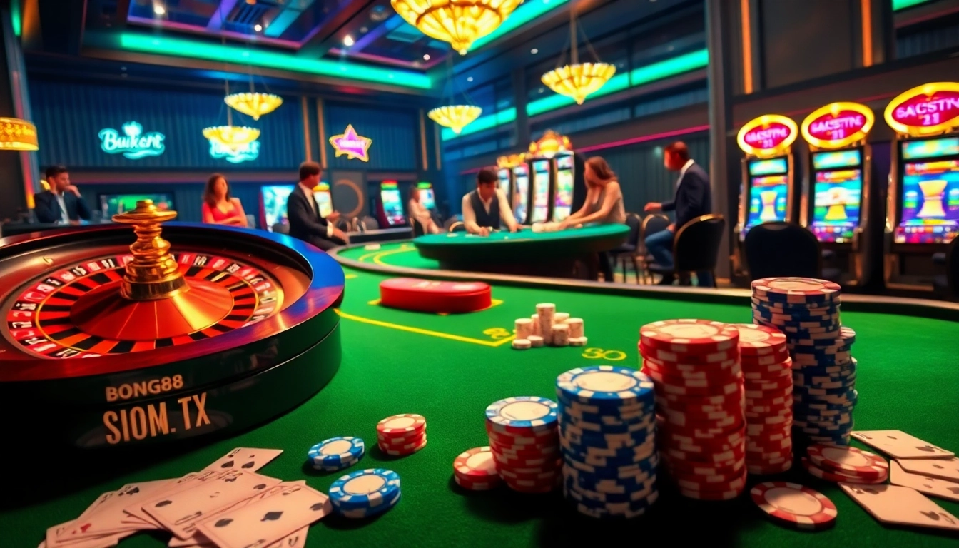 Bong88 players enjoy an exciting casino atmosphere with poker chips and roulette wheels.