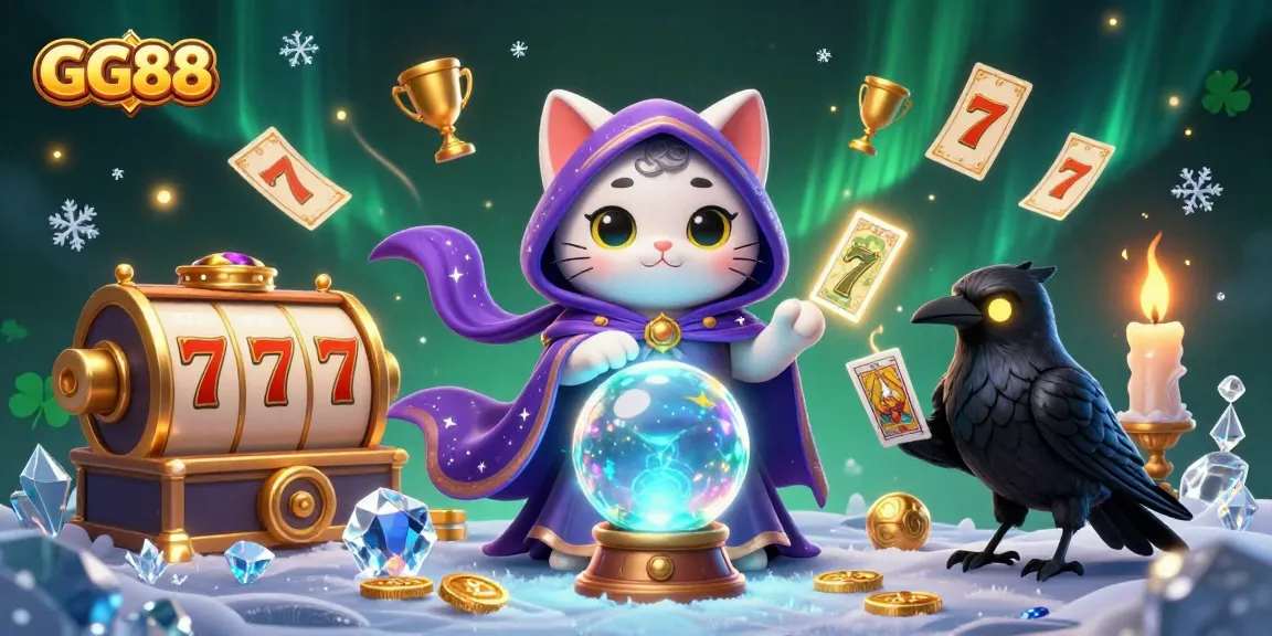 Experience the thrill of GG88 with an illustrated scene featuring a fortune teller cat and vibrant slot elements.