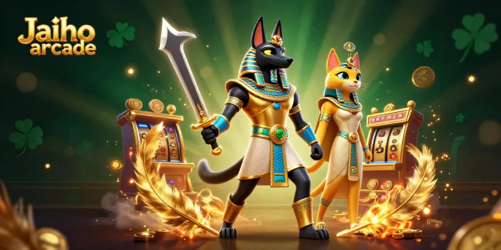 Engage with Jaiho arcade featuring ancient Egyptian warrior Anubis and sacred cat Bastet in a vibrant gambling scene.