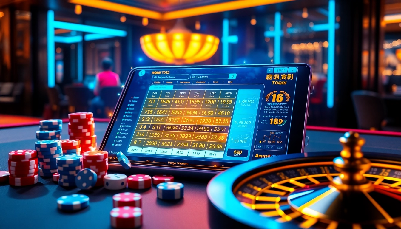 amanahtoto online betting interface displaying strategic Togel slips with vibrant casino chips and dice