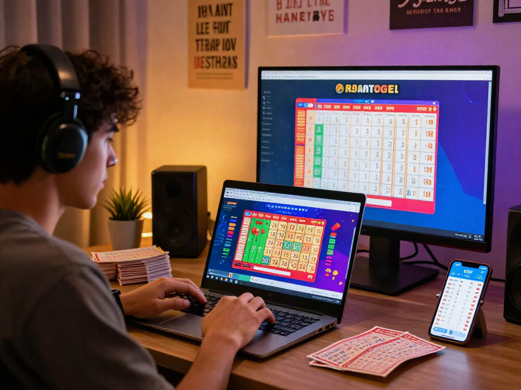 Pemain rajatogel di ruang kerja modern dengan laptop dan tiket togel.