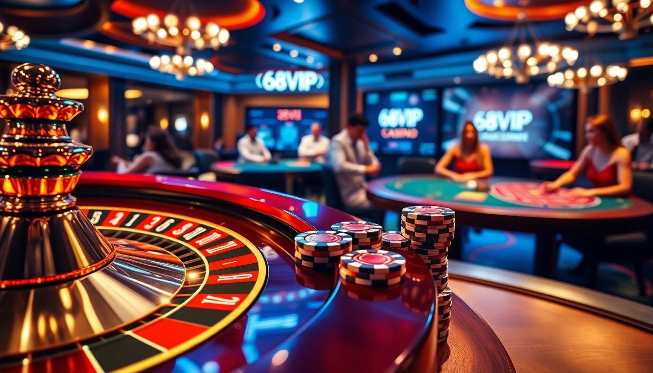 Feel the thrill of winning with 68VIP at a luxurious casino table with vibrant roulette.