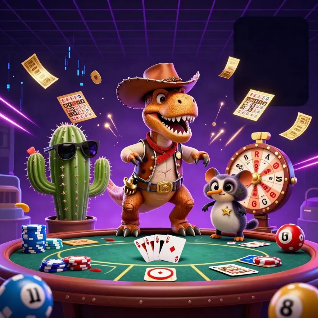 Cowboy T-Rex poker hero with cactus and roadrunner, neon jackpot props exploding in purple and gold