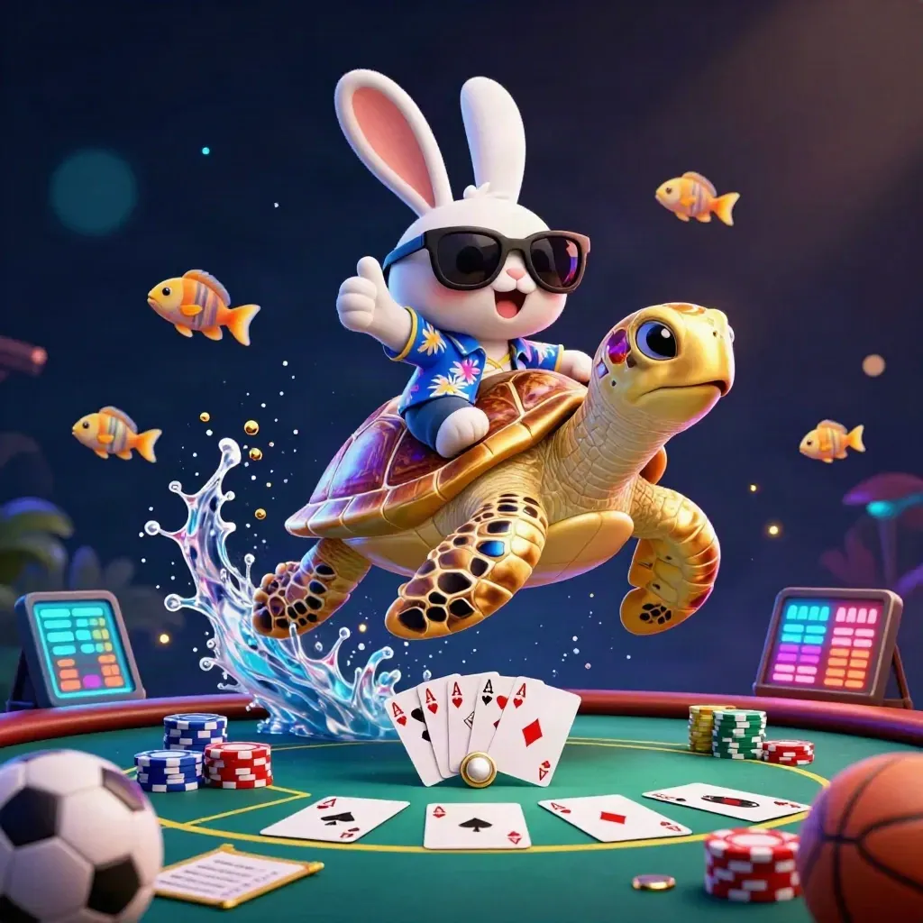 Lucky rabbit rides a golden turtle through poker chips, cards, fish, and neon casino light.