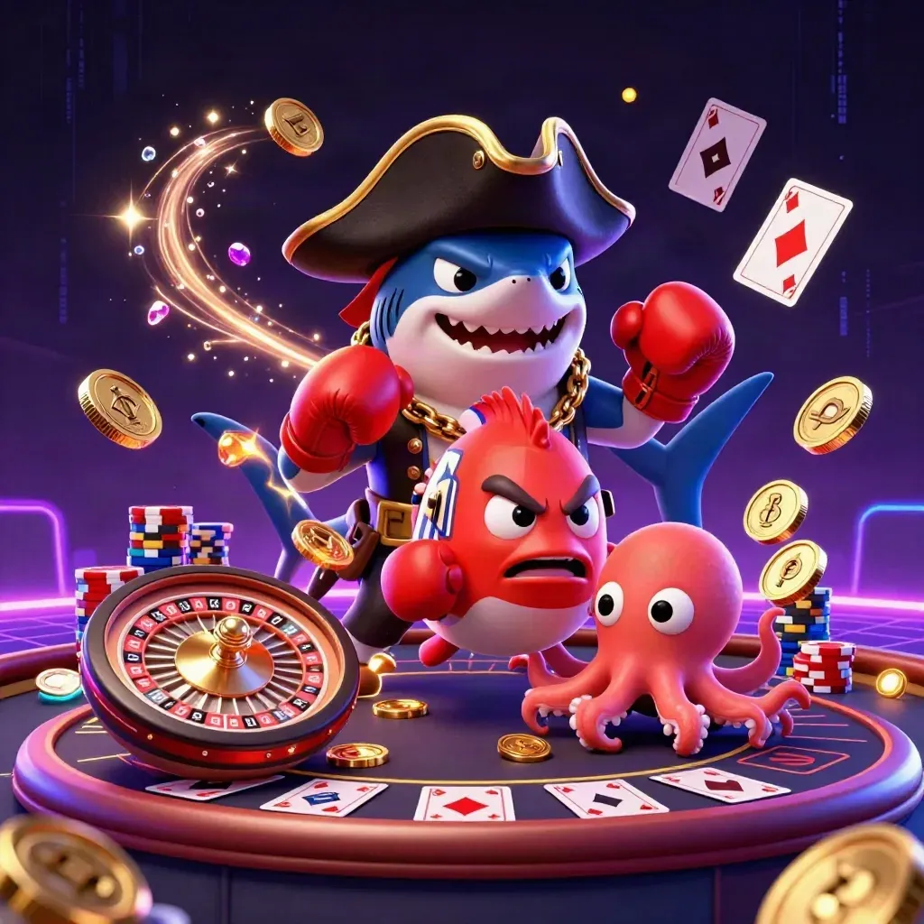 Pirate shark, boxing pufferfish, and coin-juggling octopus amid neon casino jackpots and spinning roulette