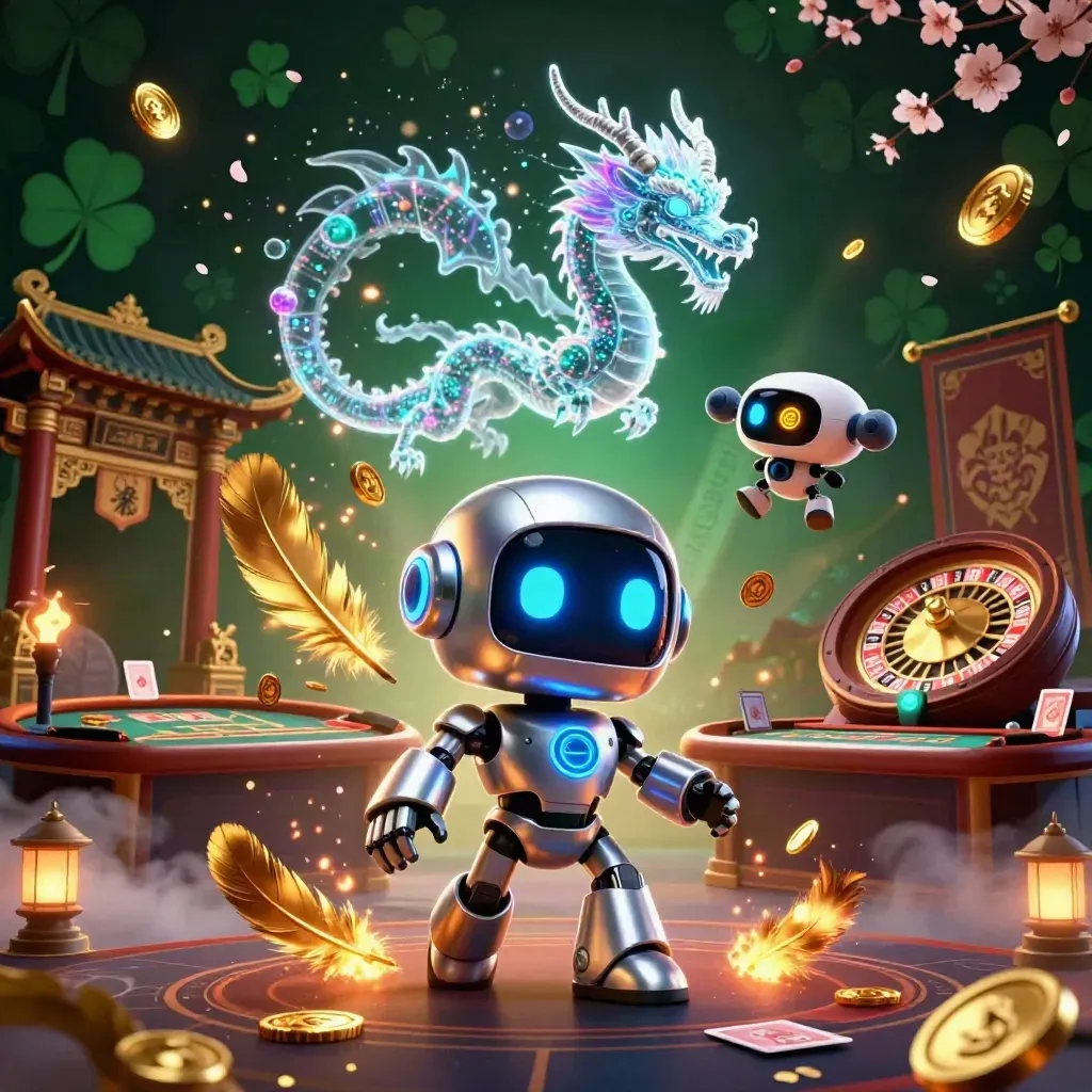 Cyborg mascot, hologram dragon, and coin drone in luxe casino fantasy with emerald glow
