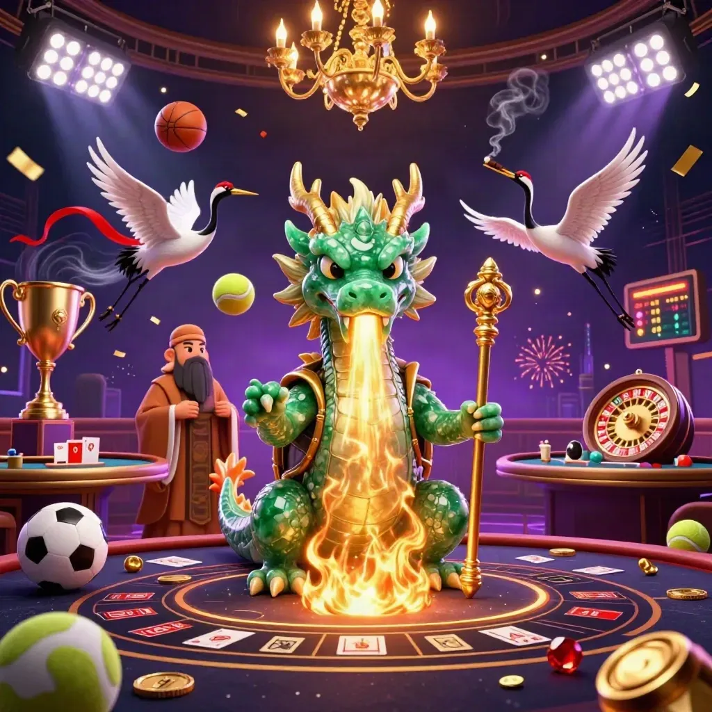 Jade dragon, turtle sage, and cranes amid casino glam, sports balls, coins, and neon fire.
