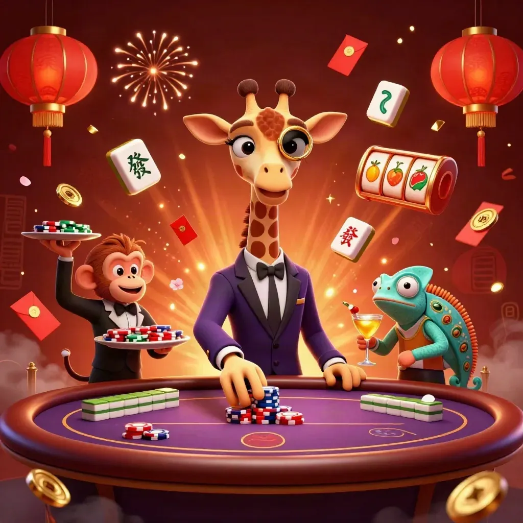 Giraffe high roller with monkey valet and chameleon bartender amid jackpots, lanterns, coins, and poker magic.