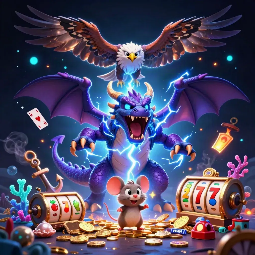 Thunder dragon, hawk, and mouse blast through treasure with coins, coral, and glowing casino accents.