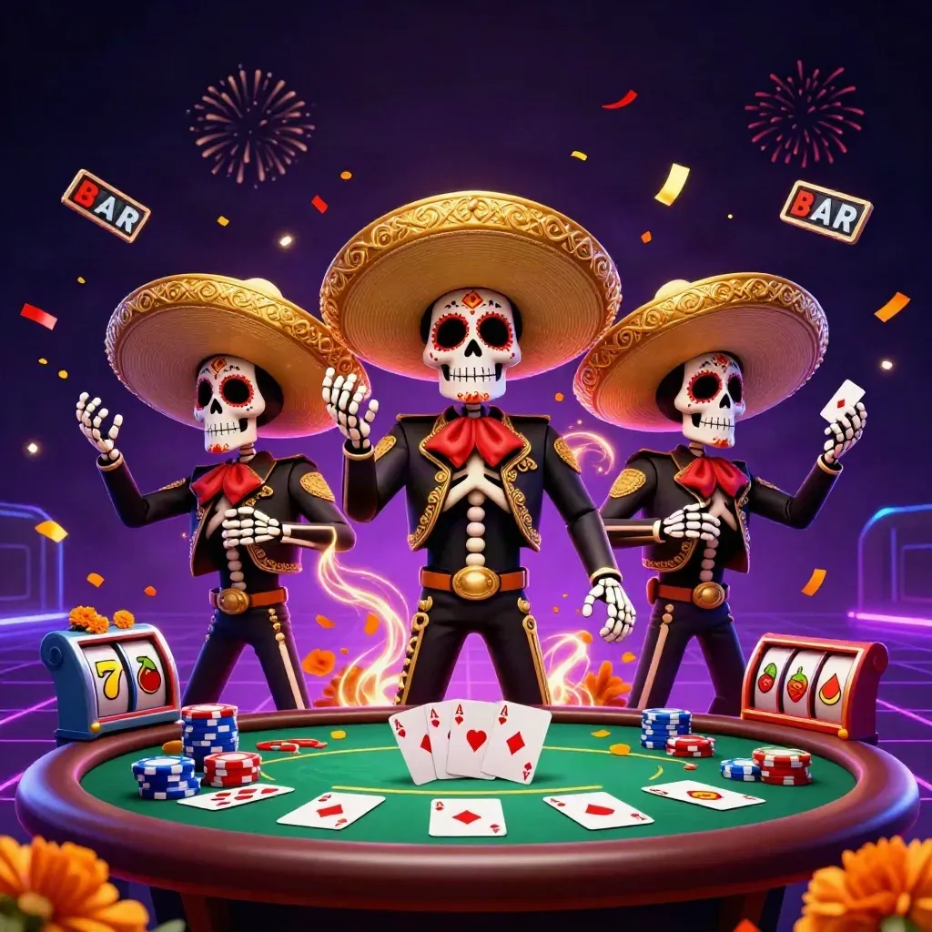 Day-of-the-Dead skeleton mariachi trio with poker chips, cards, and neon casino effects