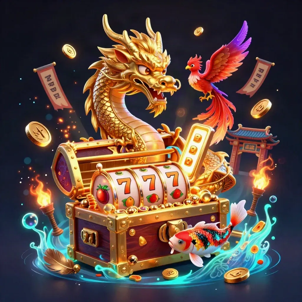 Golden dragon, phoenix, and koi erupt from treasure in a neon casino fantasy scene.