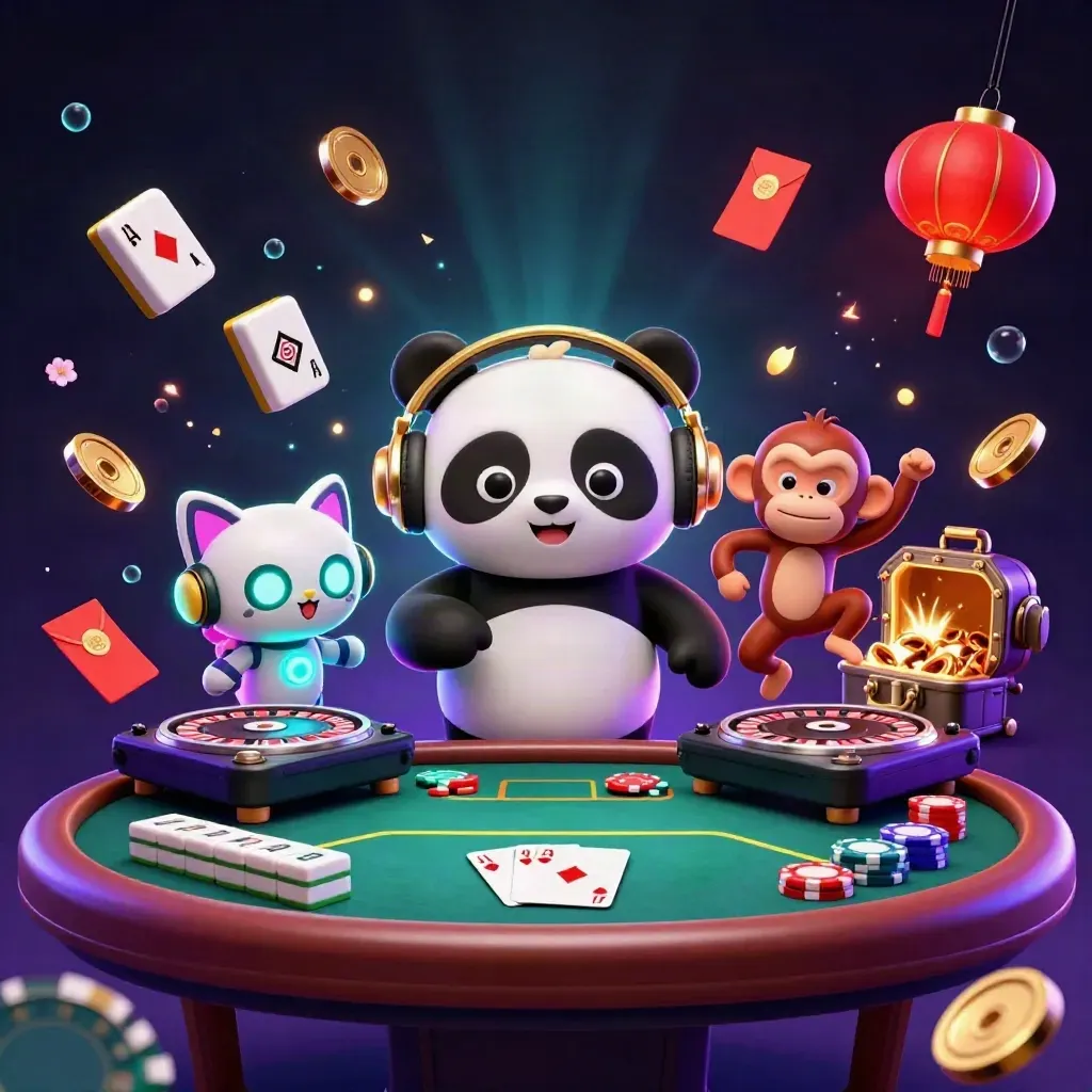 DJ panda, monkey, and kitten amid poker chips, coins, lanterns, fireworks, and neon jackpot energy.