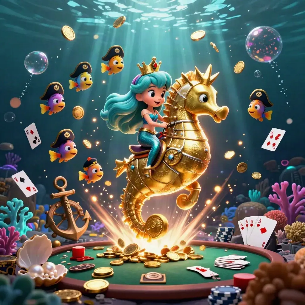 Mermaid princess, pirate fish, gold coins, chips, and underwater fireworks in a luxe casino splash scene.