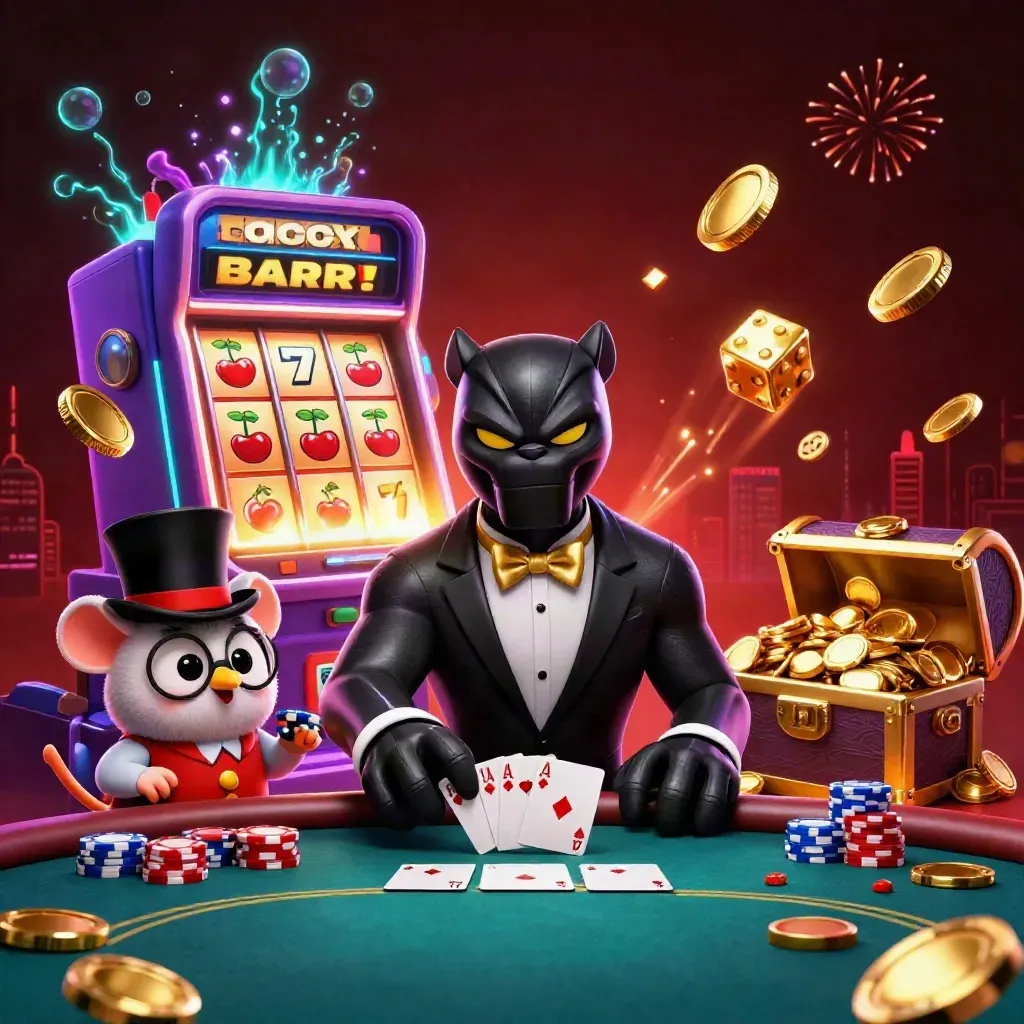 Tuxedo panther, owl, and mouse amid exploding slot symbols, coins, fireworks, and gold jackpot treasure.