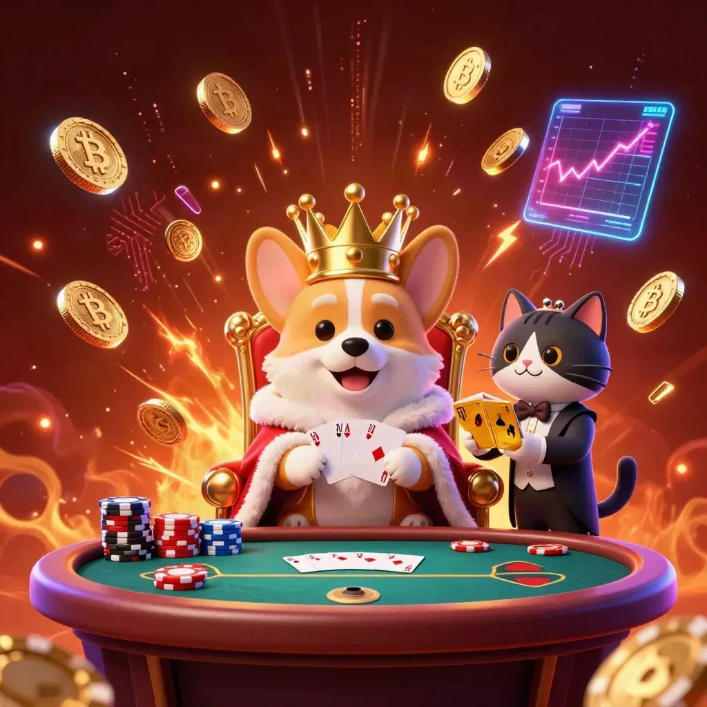Royal corgi and cat butler amid poker chips, gold coins, crypto sparks, and fireworks