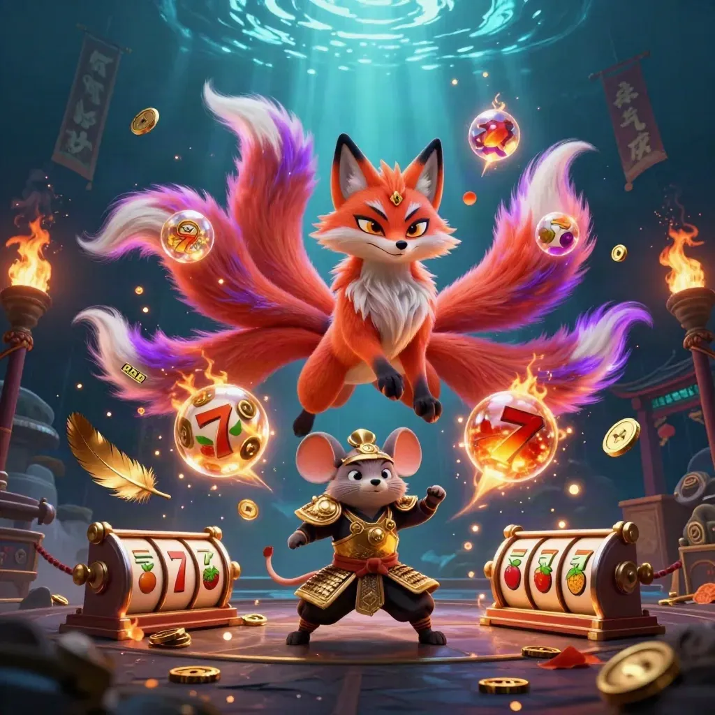 Fox spirit and armored mouse amid casino reels, gold coins, temple gate, and neon embers.