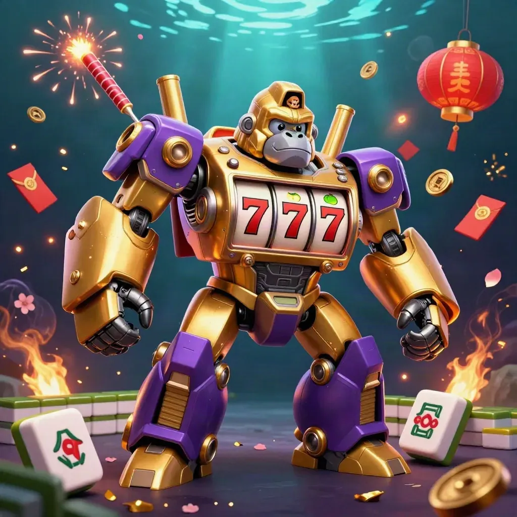 Golden gorilla slot mech with tiny monkey pilot, jackpots, lanterns, coins, and teal underwater rays.