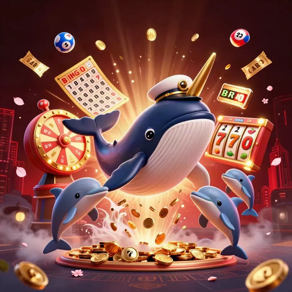 Whale captain, narwhal, and dolphins in a neon casino burst with coins, reels, and jackpots.