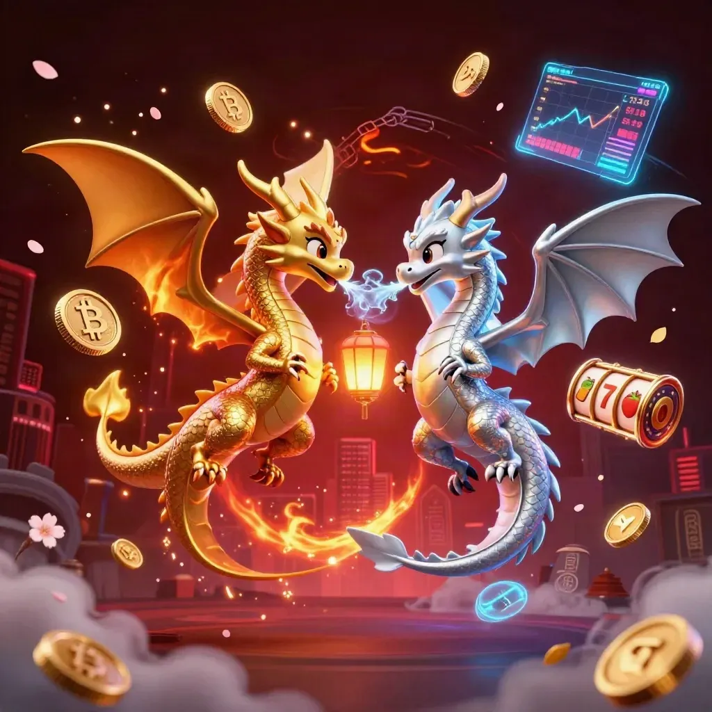Twin gold and silver dragons spiral with coins, lightning, petals, and a glowing skyline.