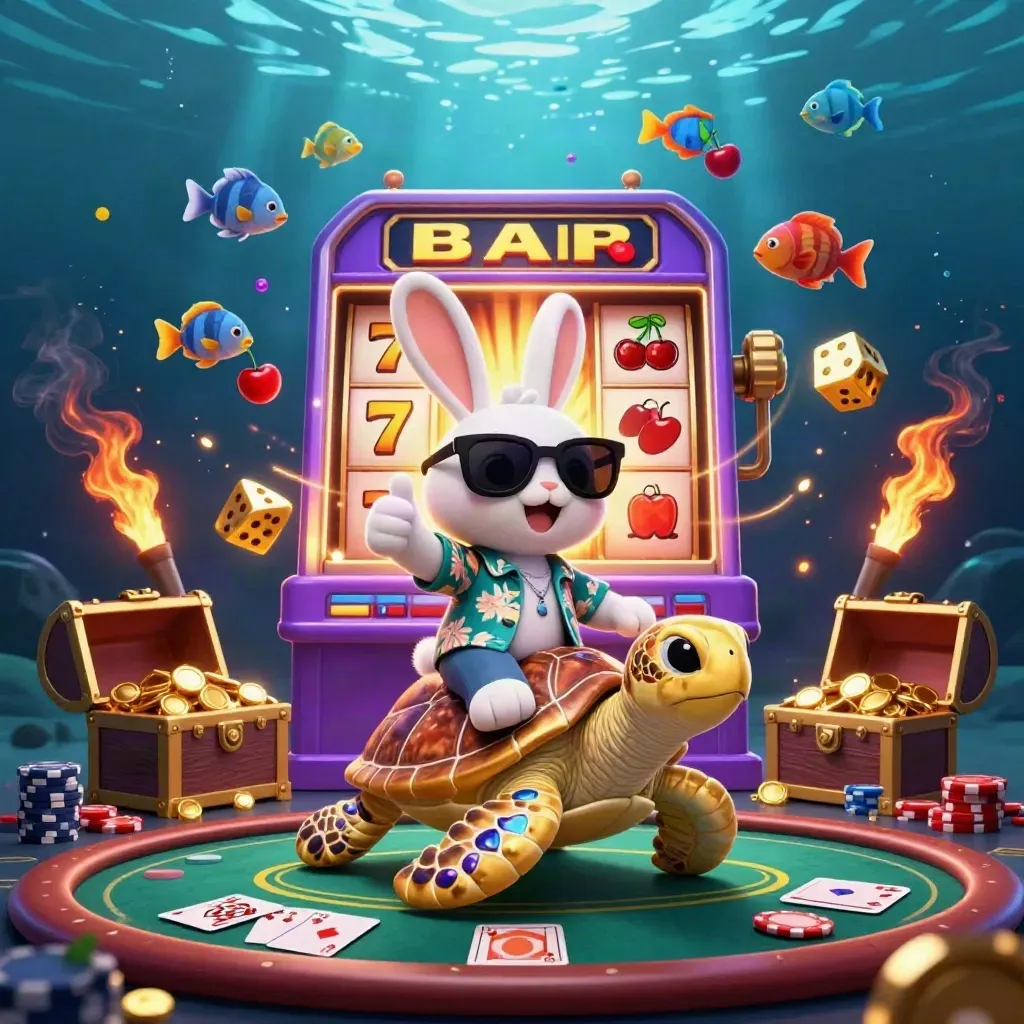 Lucky rabbit rides a golden sea turtle as jackpot symbols burst in a neon underwater poker scene.