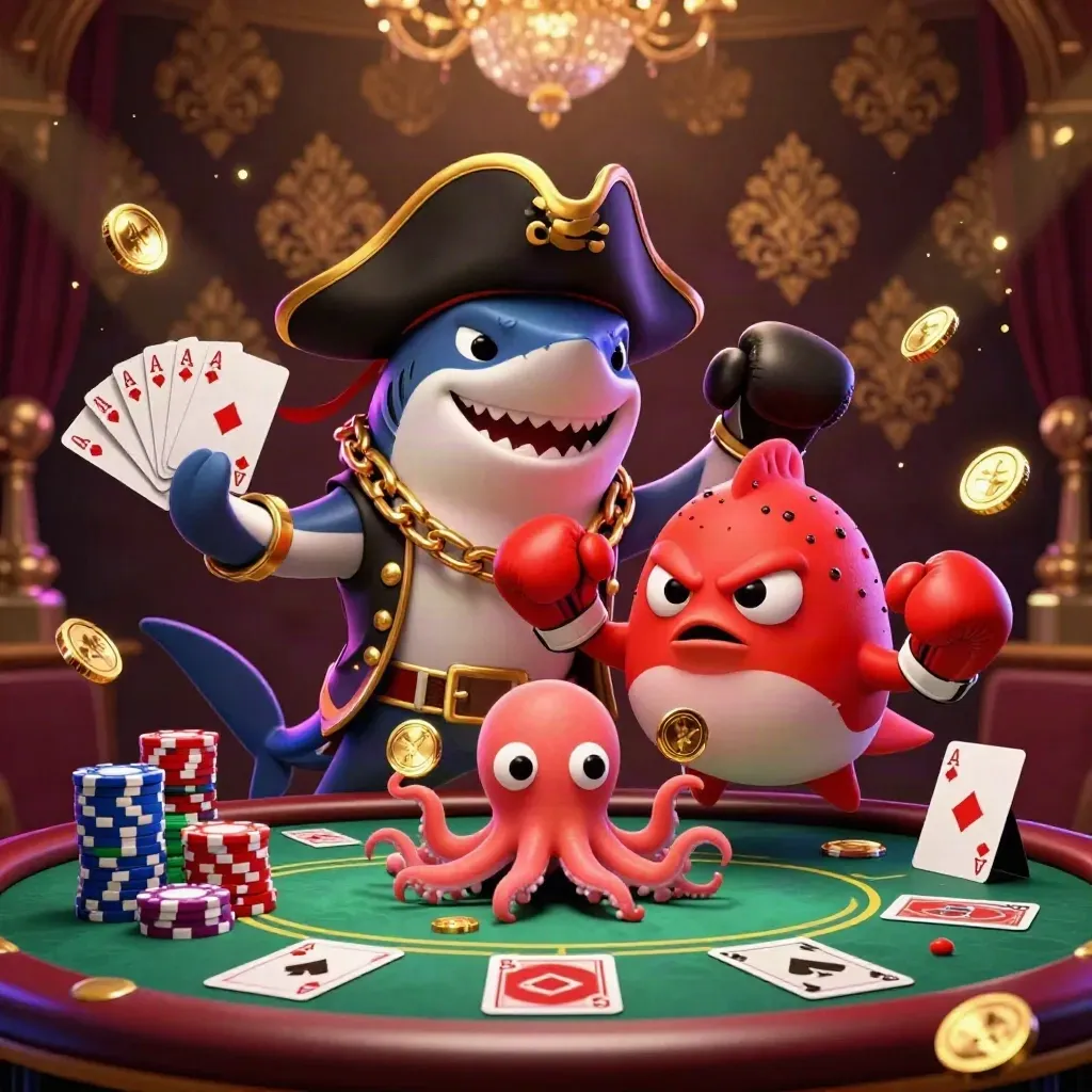 Pirate shark, pufferfish boxer, and baby octopus amid poker chips and gold casino glow.