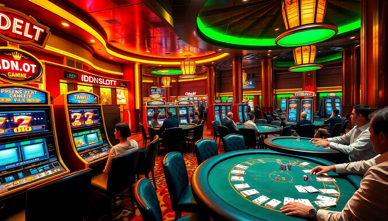 Players enjoying the excitement of IDNSLOT at a vibrant casino with colorful slot machines and poker tables.
