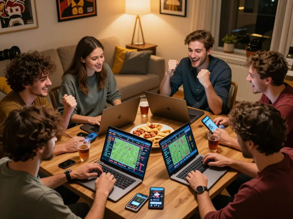 Friends enjoying sports betting excitement on kebet.br.com during a social game night.