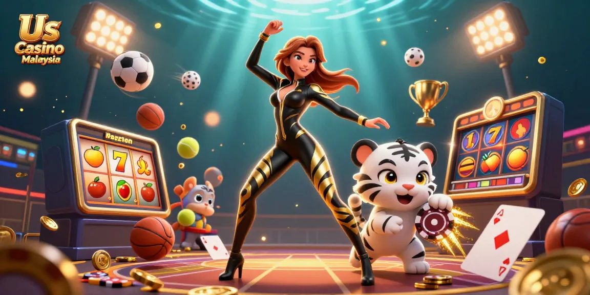 Experience the excitement of Us Casino Malaysia with a dynamic illustration of gaming action and celebration.