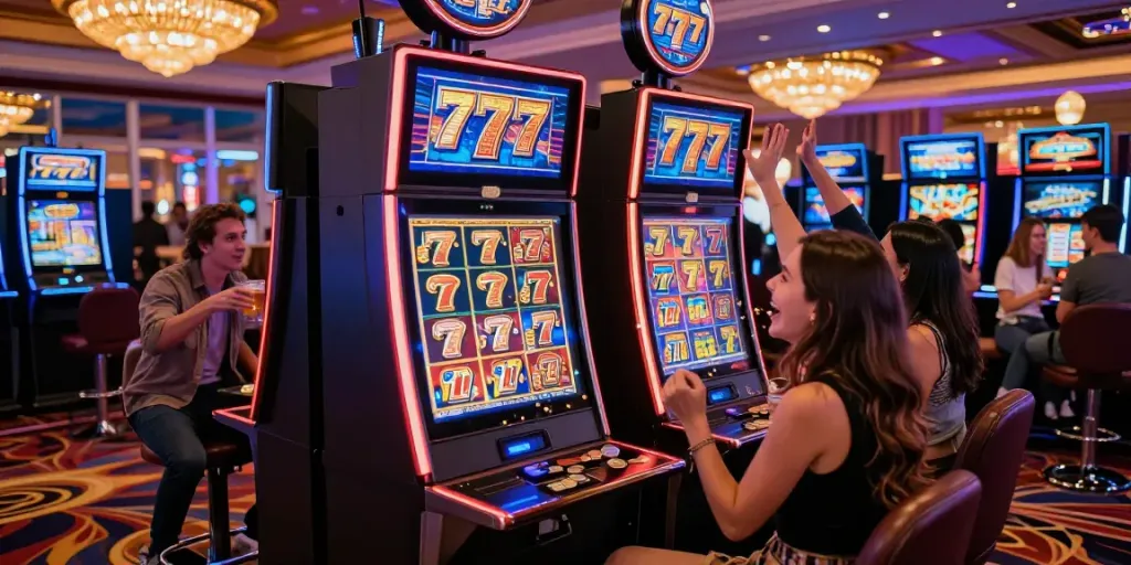 Exciting casino gaming experience featuring Lucky777 slot machine and enthusiastic players celebrating wins.