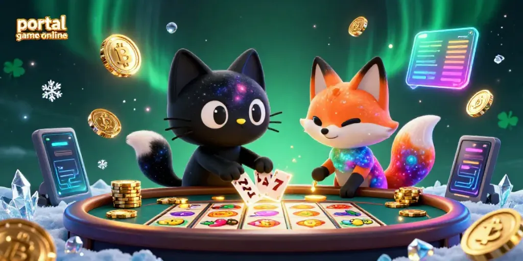 Engage with the portal game online as a cosmic cat and nebula fox charm a vibrant casino scene.